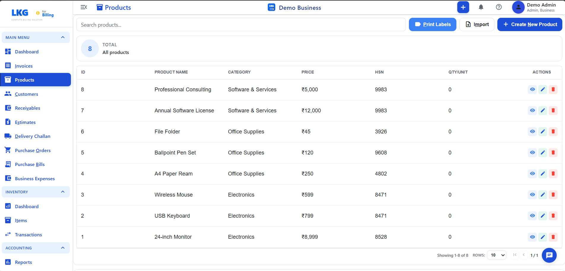 Products List – Actions